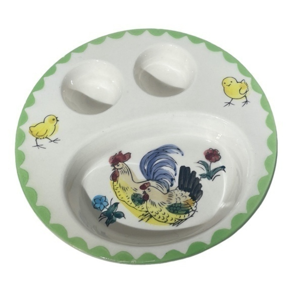 Vintage Hand Painted On Green Trimmed Divided Serving Bowl Country Farm Chicken